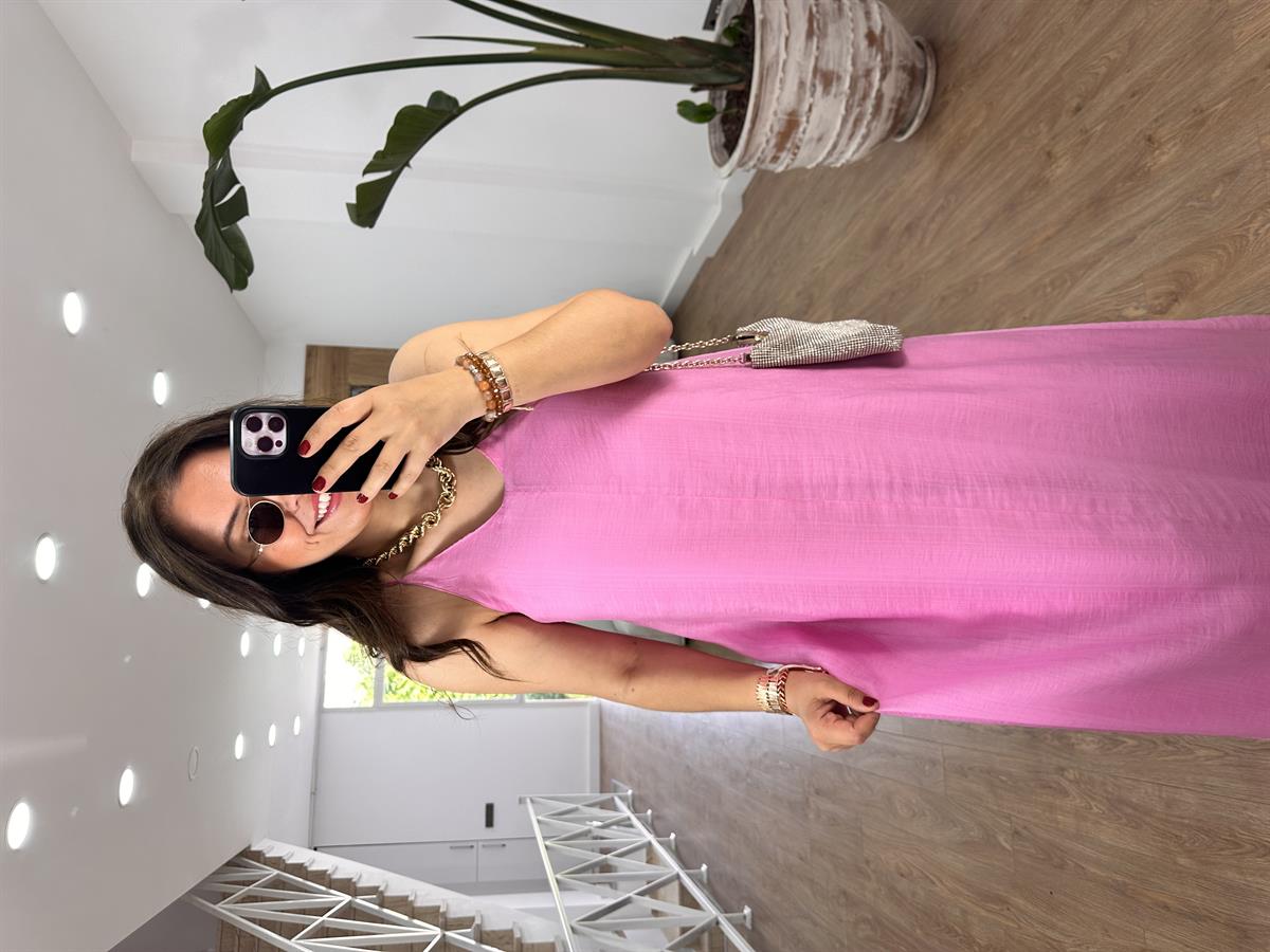 Askıları Ayarlanabilir Cepli Vual Elbise-Açık Pembe