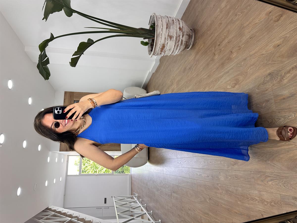 Askıları Ayarlanabilir Cepli Vual Elbise-Mavi