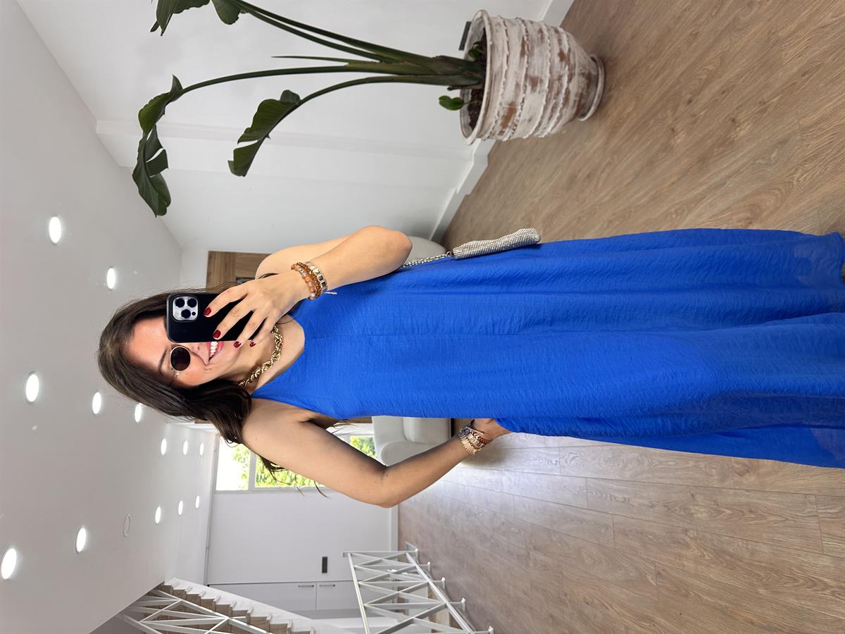 Askıları Ayarlanabilir Cepli Vual Elbise-Mavi