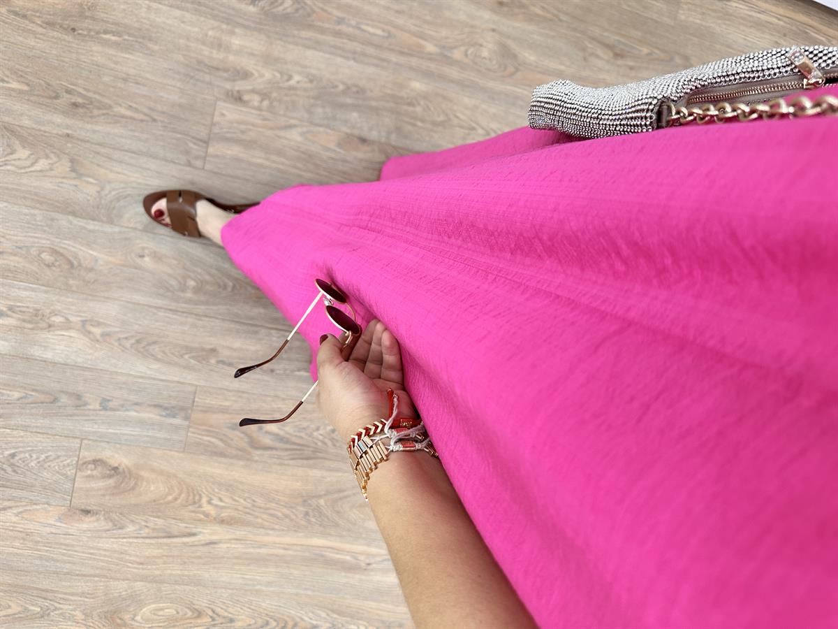 Askıları Ayarlanabilir Cepli Vual Elbise-Koyu Pembe