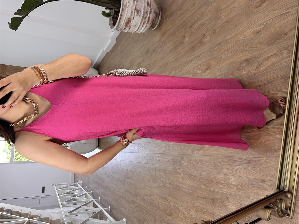 Askıları Ayarlanabilir Cepli Vual Elbise-Koyu Pembe