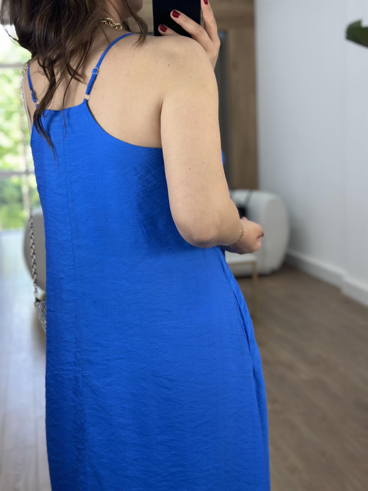 Askıları Ayarlanabilir Cepli Vual Elbise-Mavi