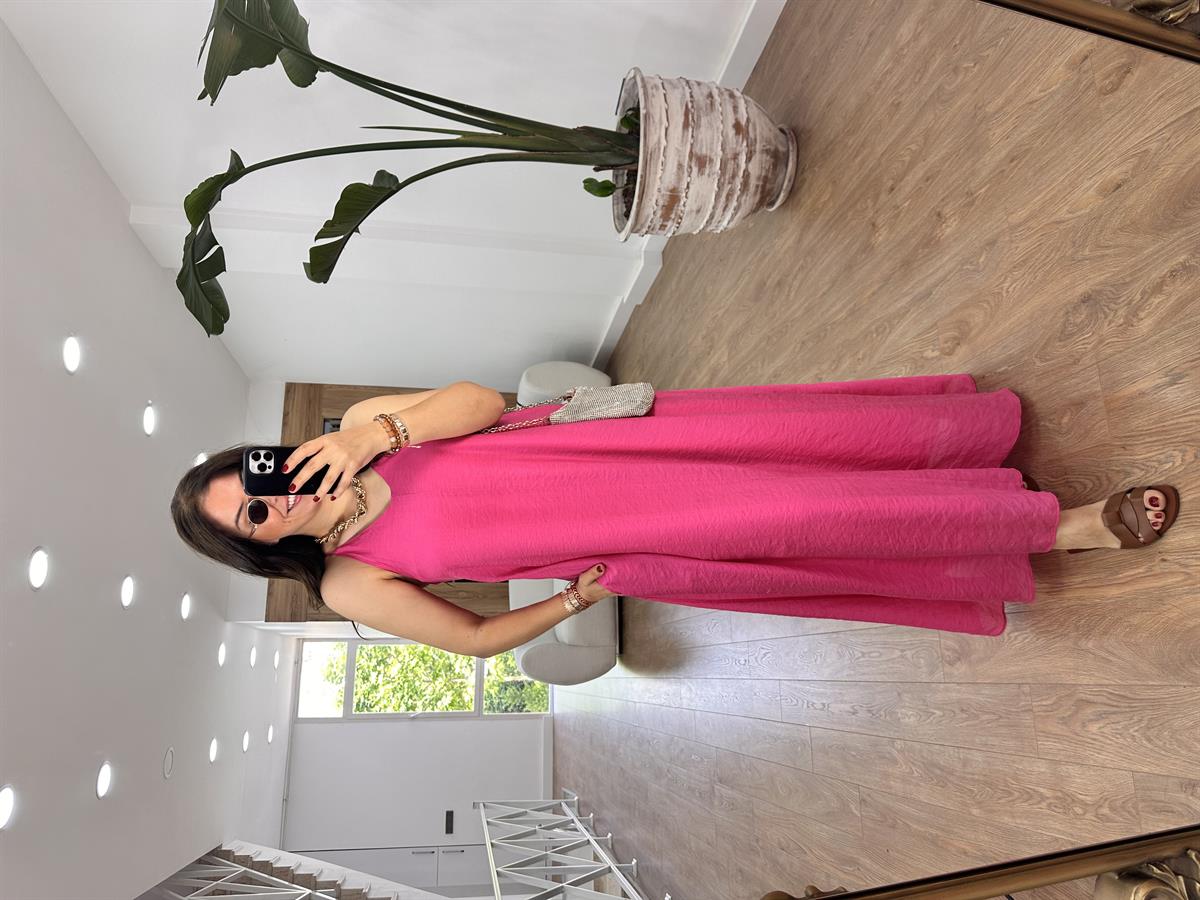 Askıları Ayarlanabilir Cepli Vual Elbise-Koyu Pembe