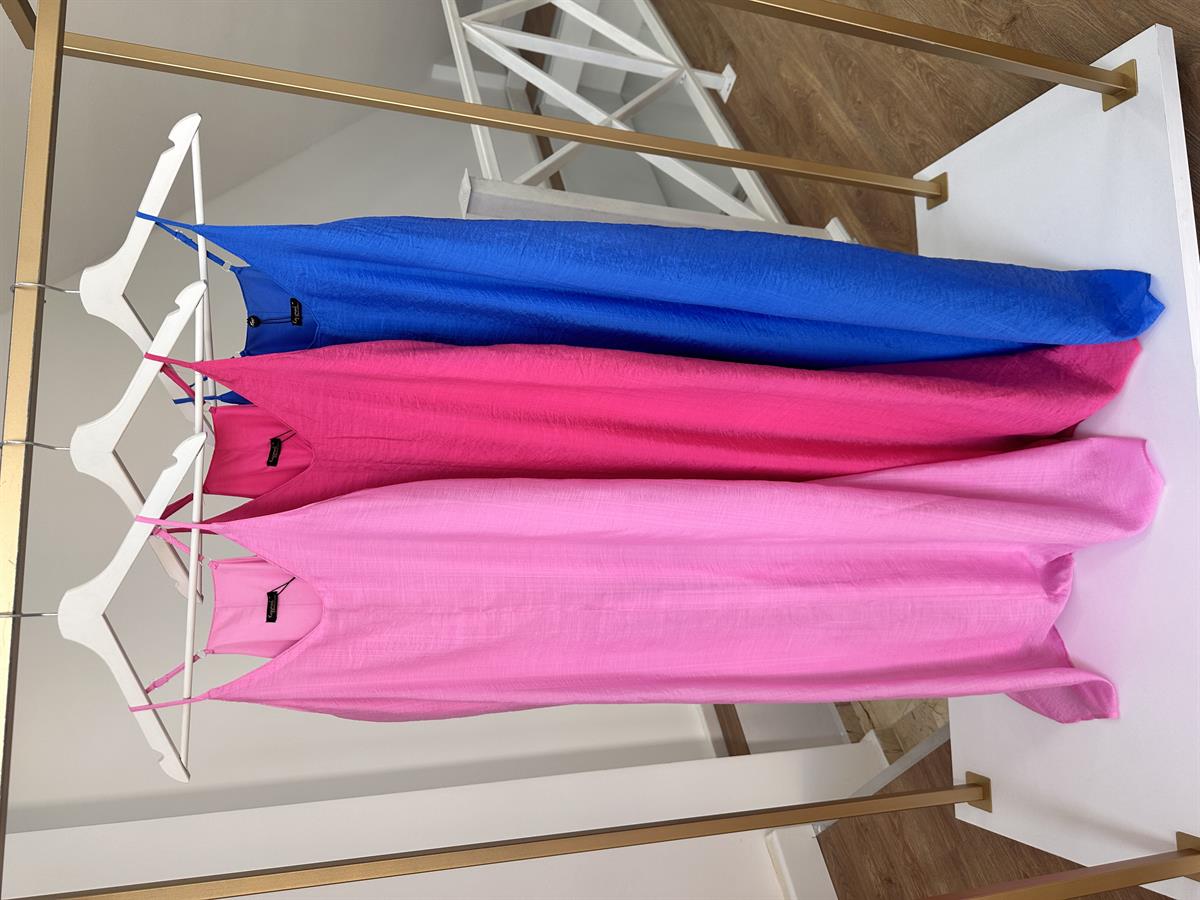 Askıları Ayarlanabilir Cepli Vual Elbise-Koyu Pembe