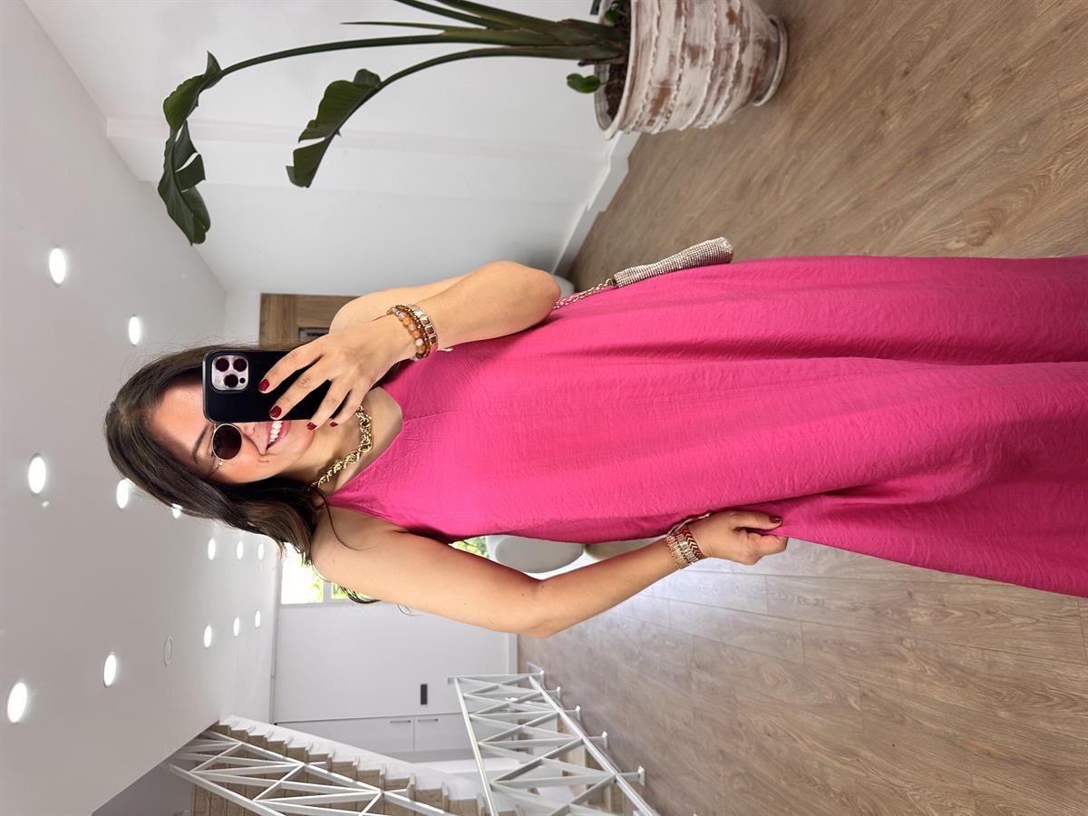 Askıları Ayarlanabilir Cepli Vual Elbise-Koyu Pembe