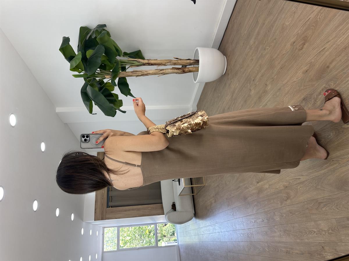 Askıları Ayarlanabilir, Deniz Kabuğu Detaylı Keten Elbise Kahve