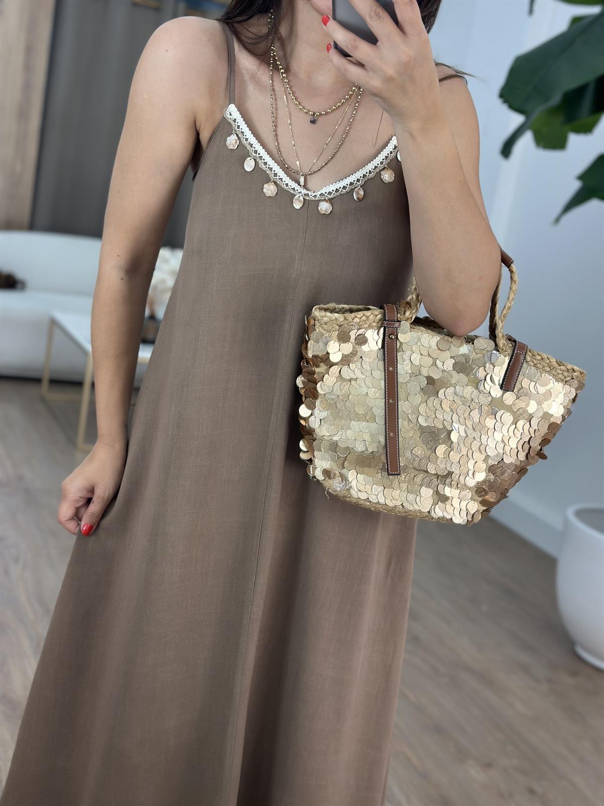 Askıları Ayarlanabilir, Deniz Kabuğu Detaylı Keten Elbise Kahve