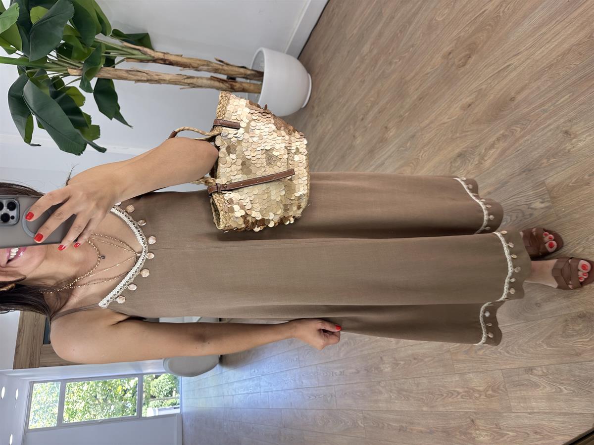 Askıları Ayarlanabilir, Deniz Kabuğu Detaylı Keten Elbise Kahve