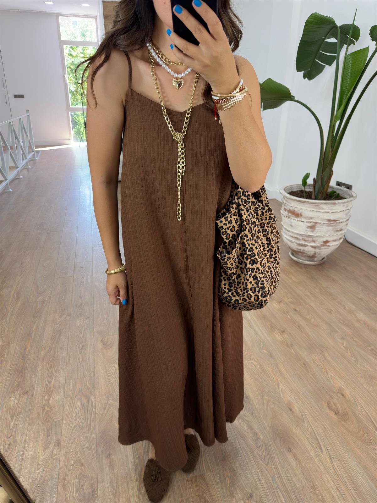 Askıları Ayarlanabilir Dokulu Elbise-Kahverengi