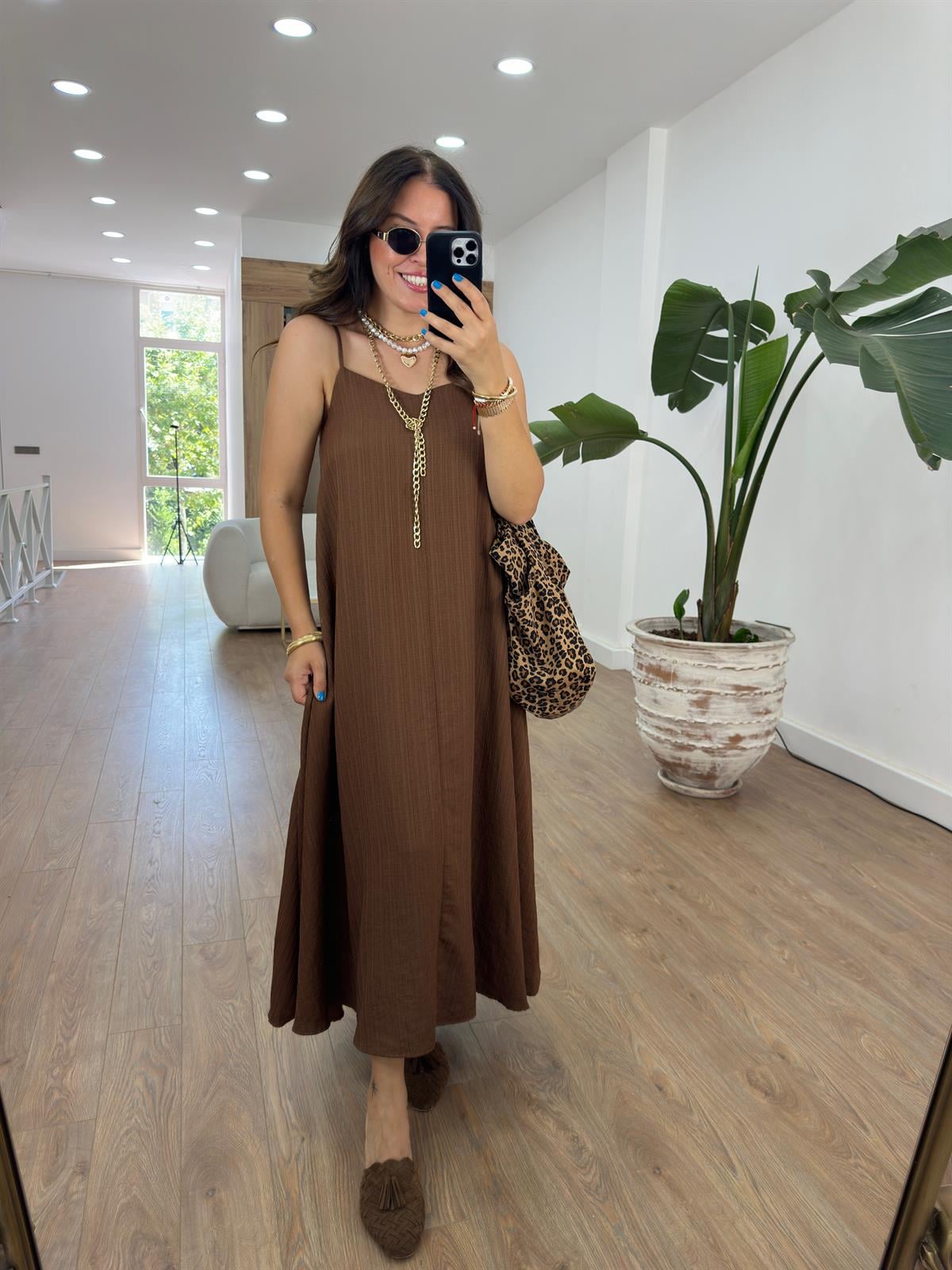 Askıları Ayarlanabilir Dokulu Elbise-Kahverengi