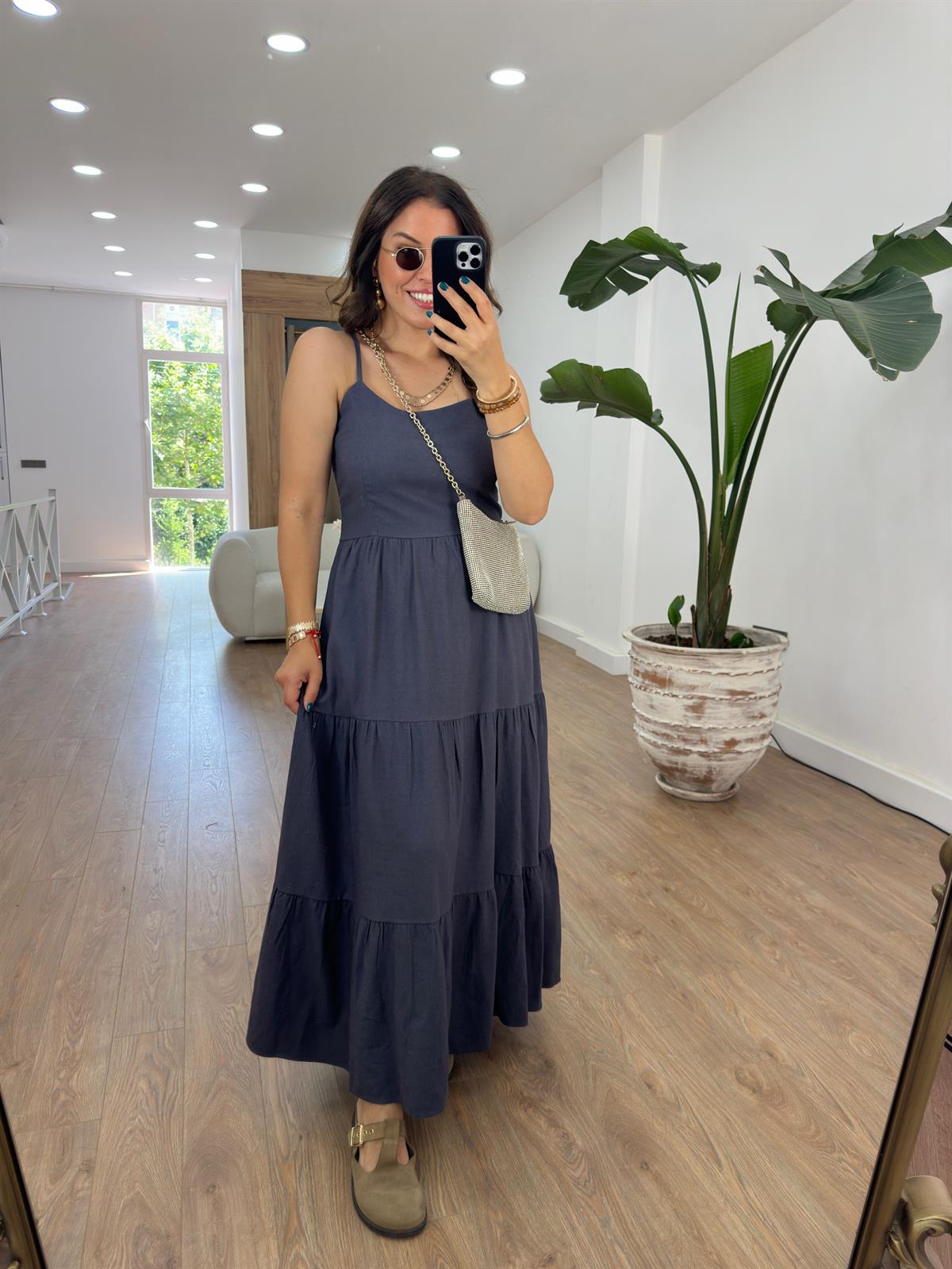 Askıları Ayarlanabilir Keten Elbise-Antrasit