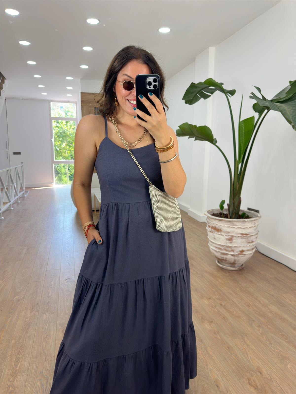 Askıları Ayarlanabilir Keten Elbise-Antrasit