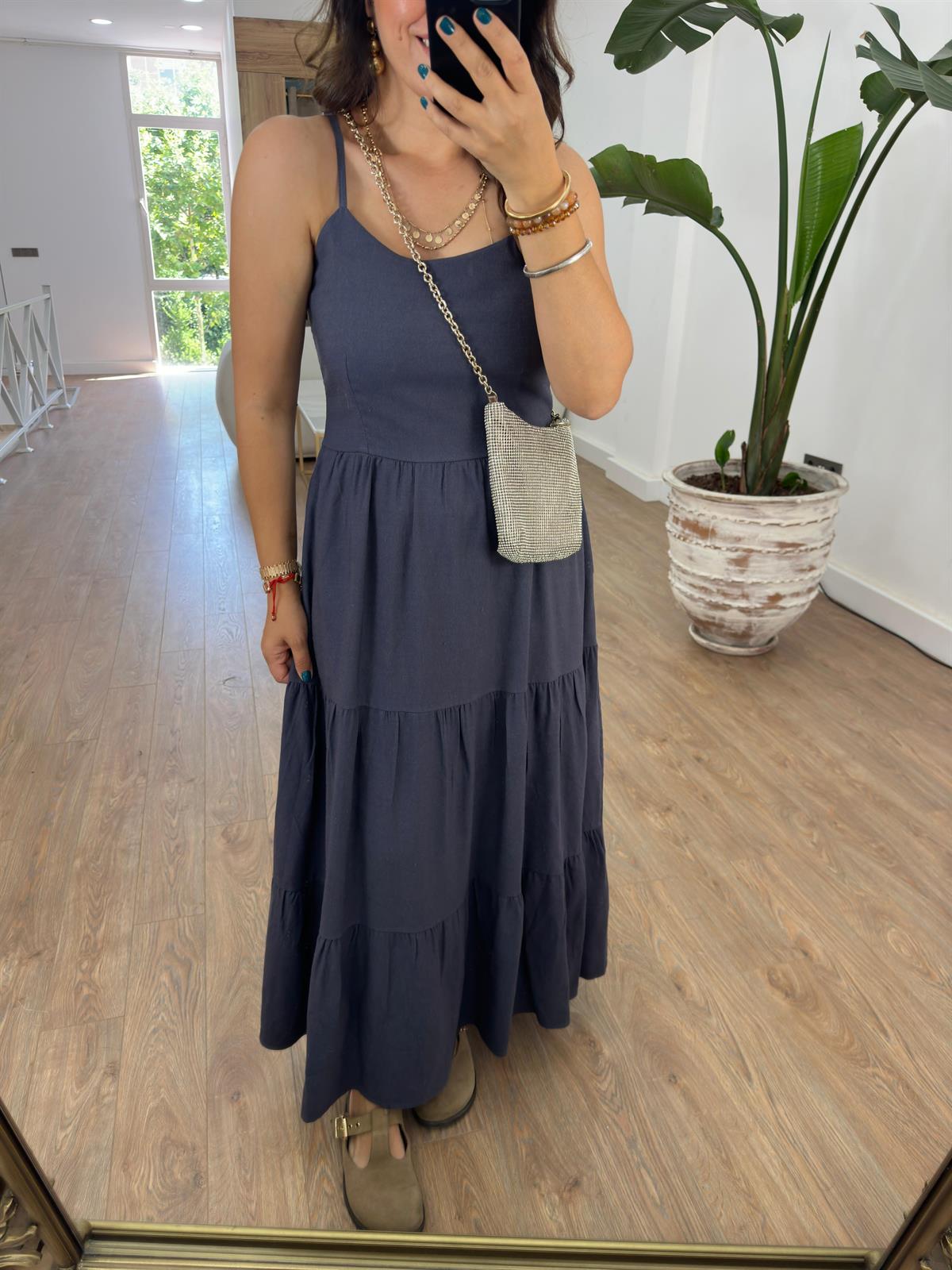 Askıları Ayarlanabilir Keten Elbise-Antrasit