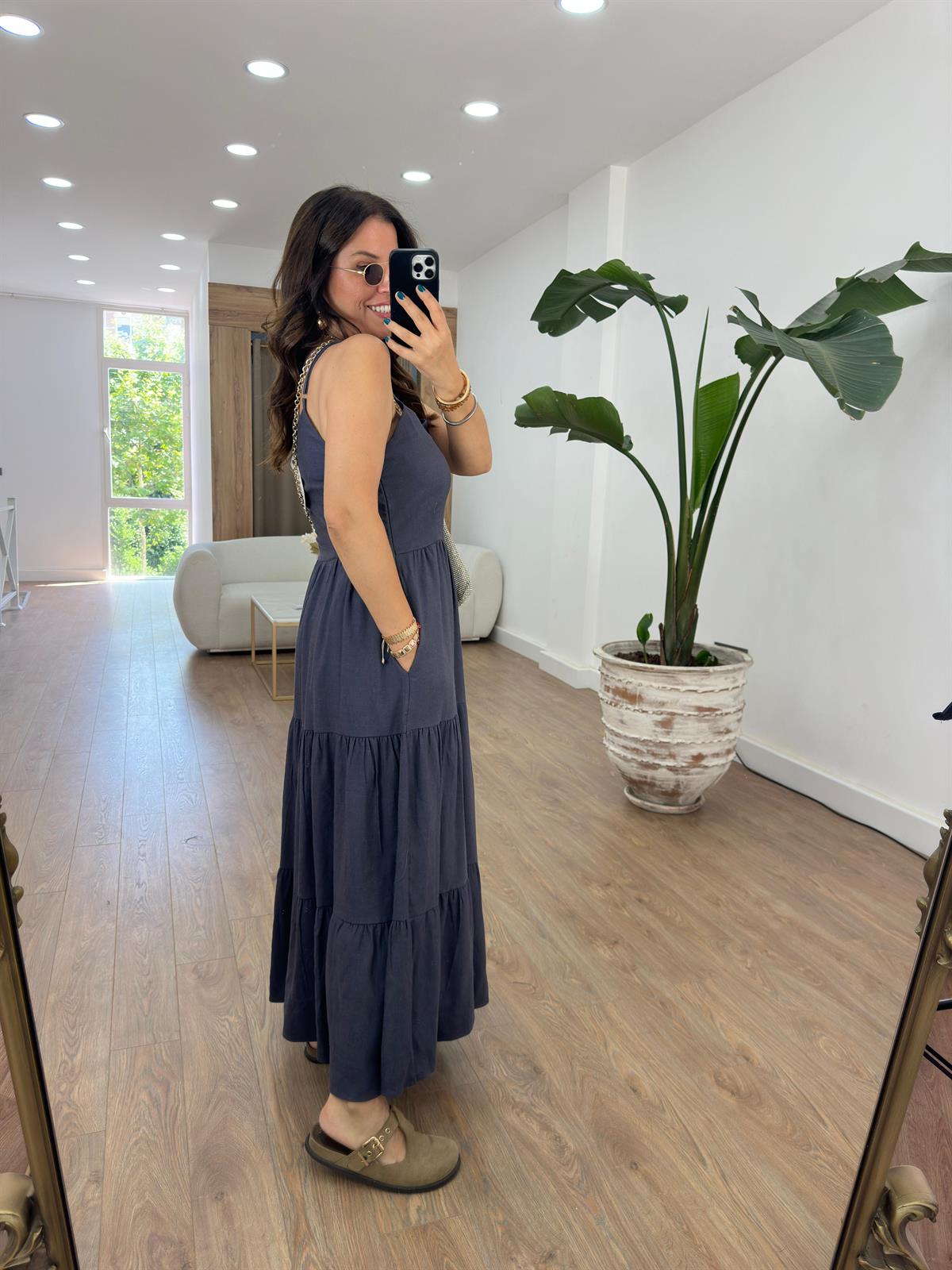 Askıları Ayarlanabilir Keten Elbise-Antrasit