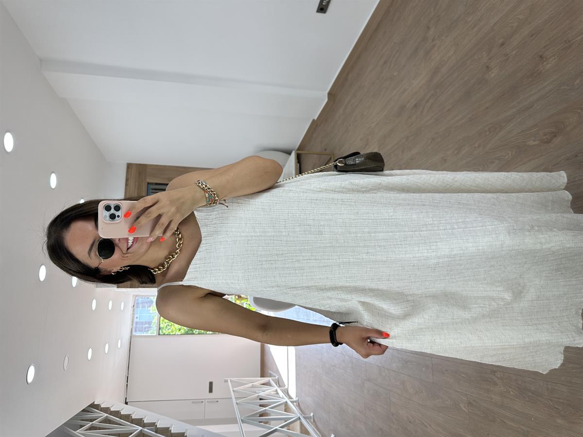 Askıları Ayarlanabilir Keten Elbise-Ekru