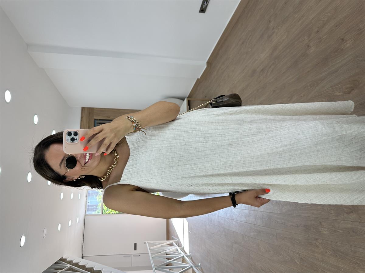 Askıları Ayarlanabilir Keten Elbise-Ekru