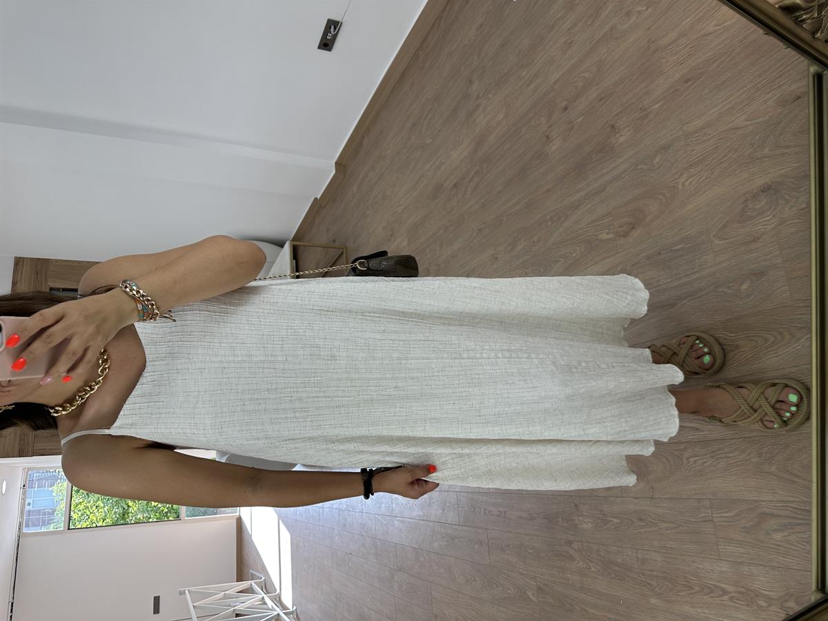 Askıları Ayarlanabilir Keten Elbise-Ekru