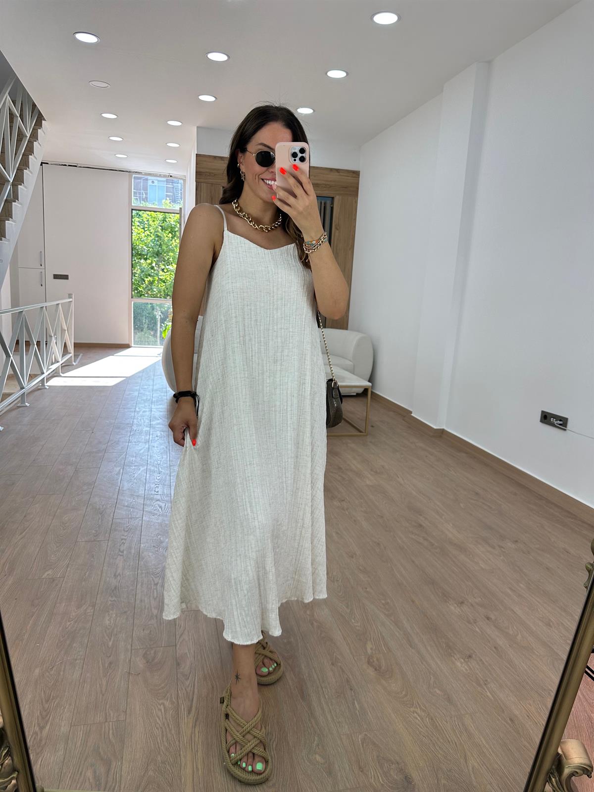 Askıları Ayarlanabilir Keten Elbise-Ekru