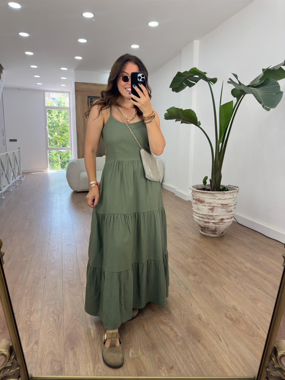 Askıları Ayarlanabilir Keten Elbise-Haki