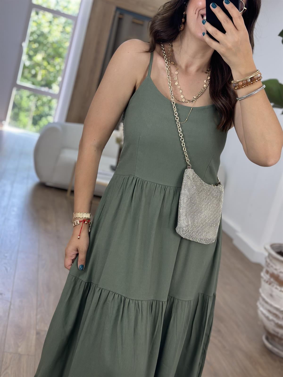 Askıları Ayarlanabilir Keten Elbise-Haki