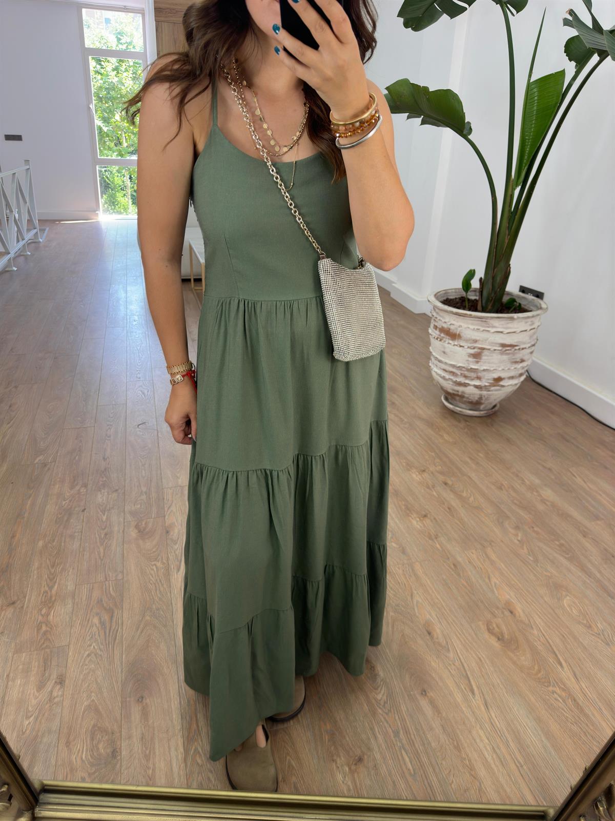 Askıları Ayarlanabilir Keten Elbise-Haki