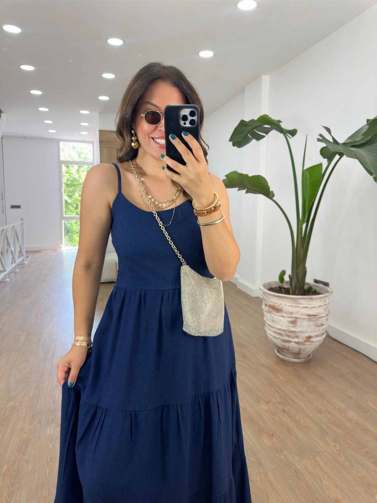 Askıları Ayarlanabilir Keten Elbise-Lacivert