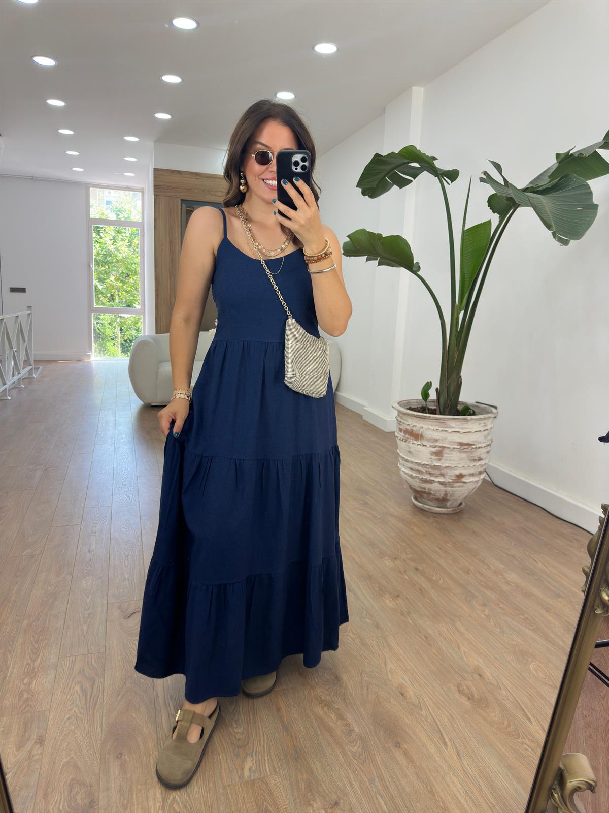 Askıları Ayarlanabilir Keten Elbise-Lacivert