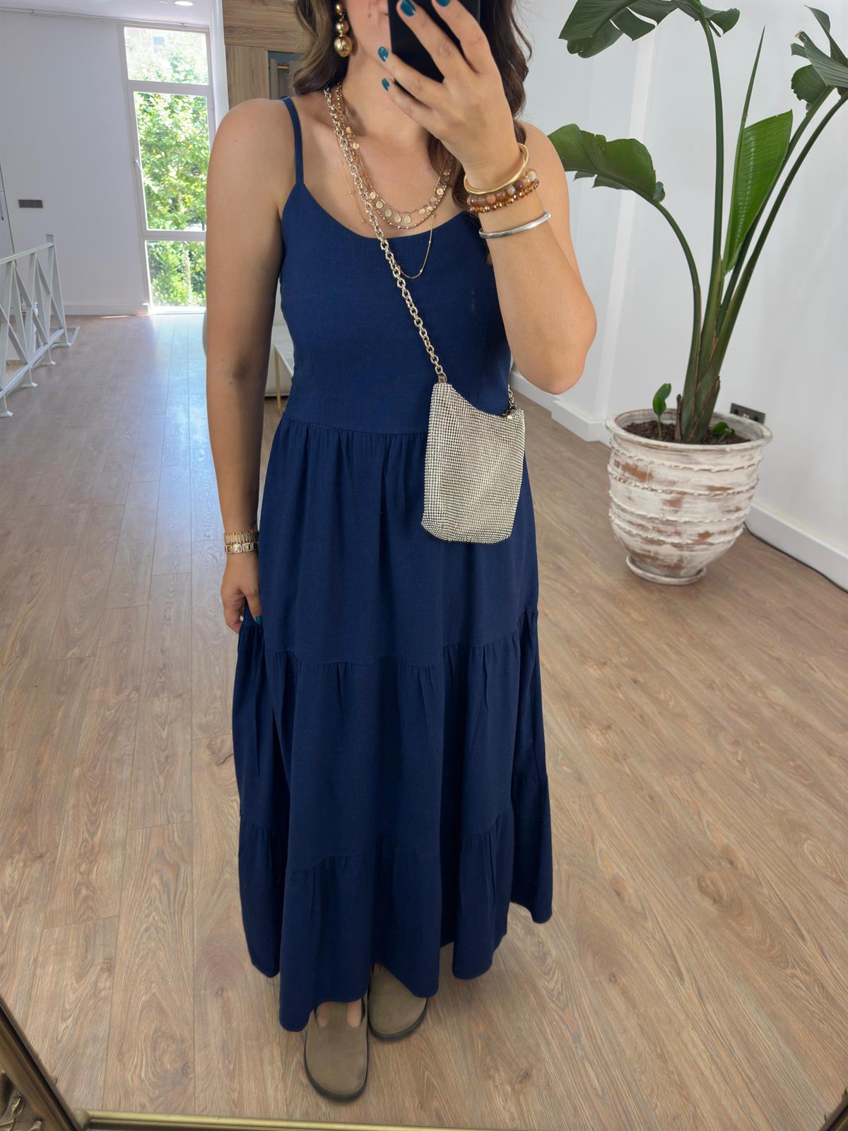 Askıları Ayarlanabilir Keten Elbise-Lacivert