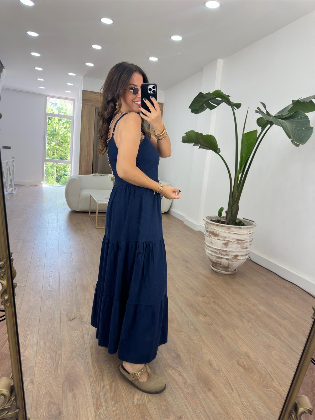 Askıları Ayarlanabilir Keten Elbise-Lacivert