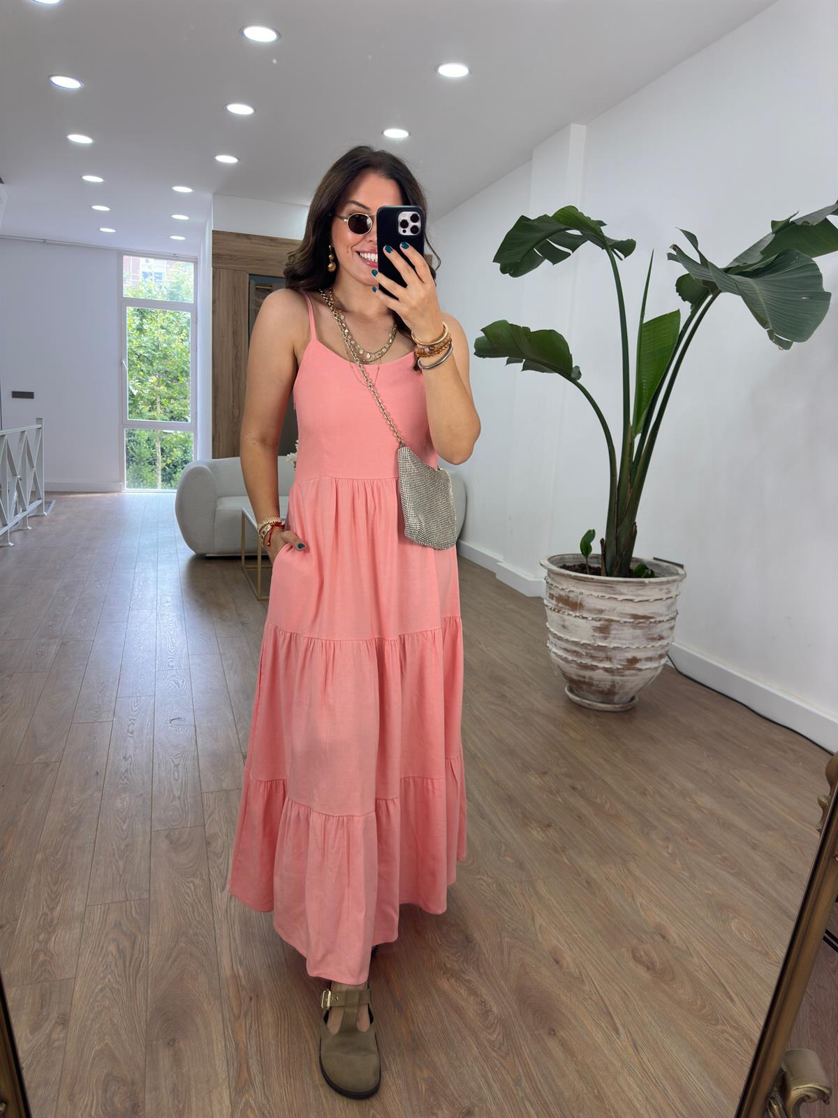 Askıları Ayarlanabilir Keten Elbise-Yavruağzı