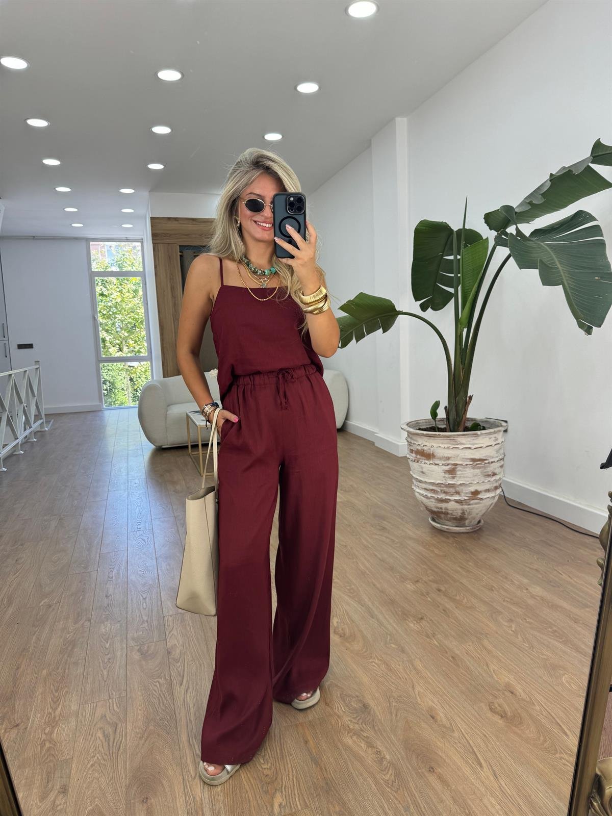 Askıları Ayarlanabilir Keten Takım - Bordo