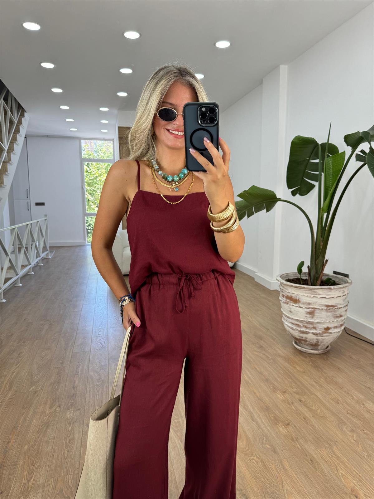 Askıları Ayarlanabilir Keten Takım - Bordo