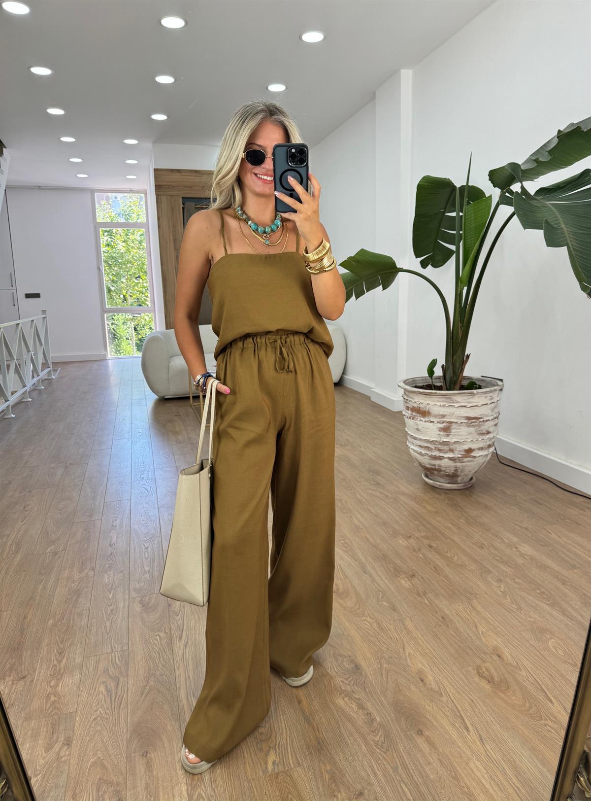 Askıları Ayarlanabilir Keten Takım - Yağ Yeşili