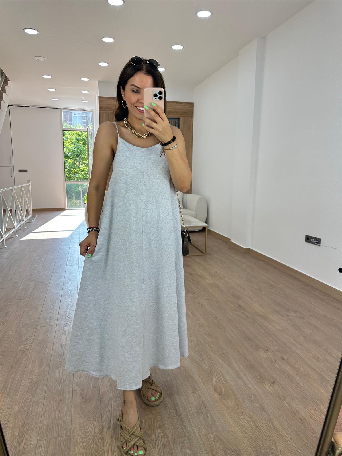 Askıları Ayarlanabilir Pamuklu Elbise-Gri