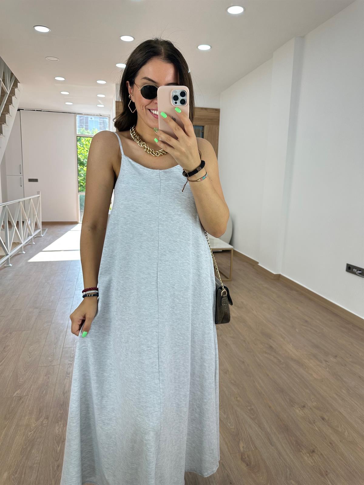 Askıları Ayarlanabilir Pamuklu Elbise-Gri