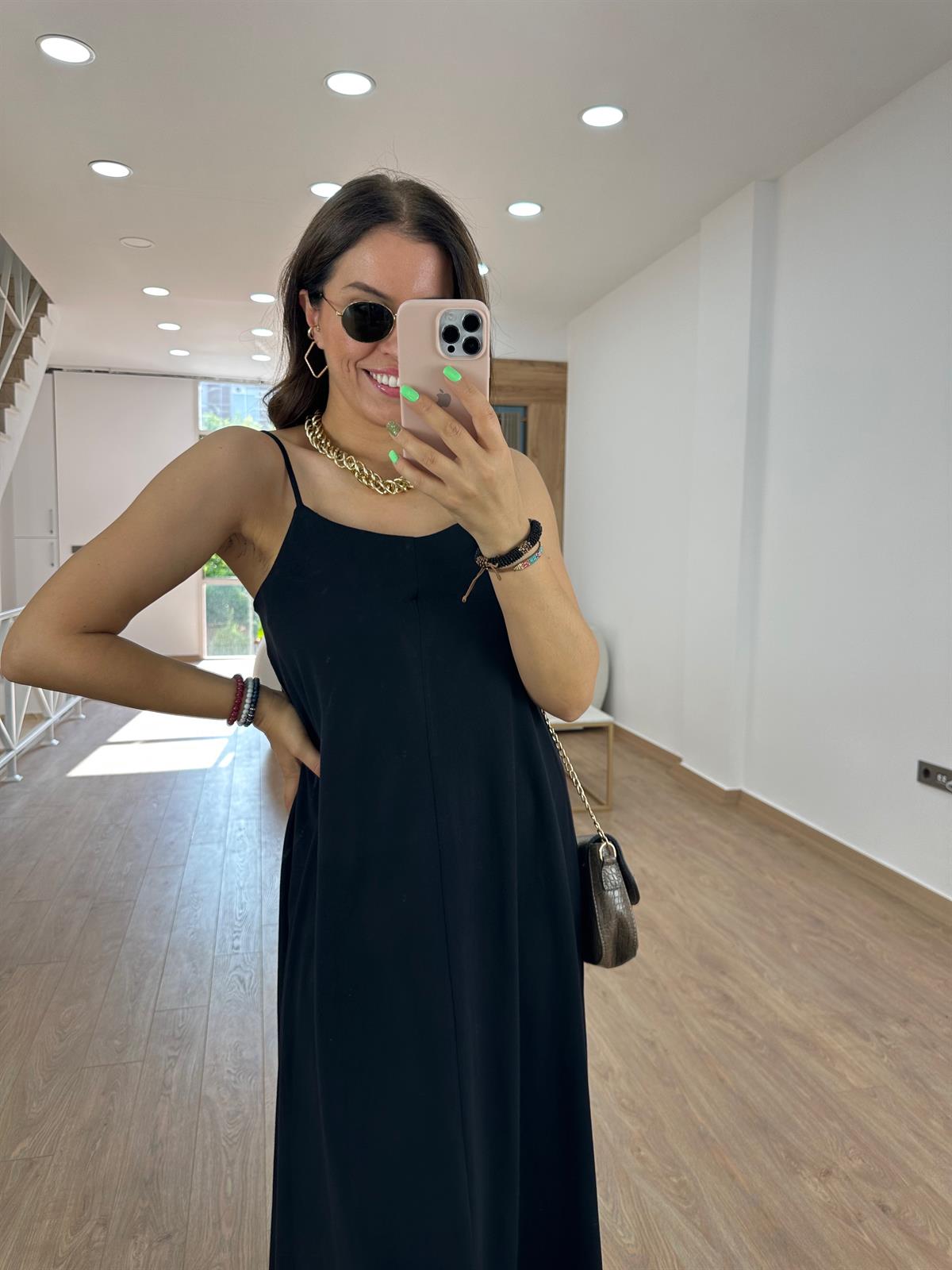 Askıları Ayarlanabilir Pamuklu Elbise-Siyah