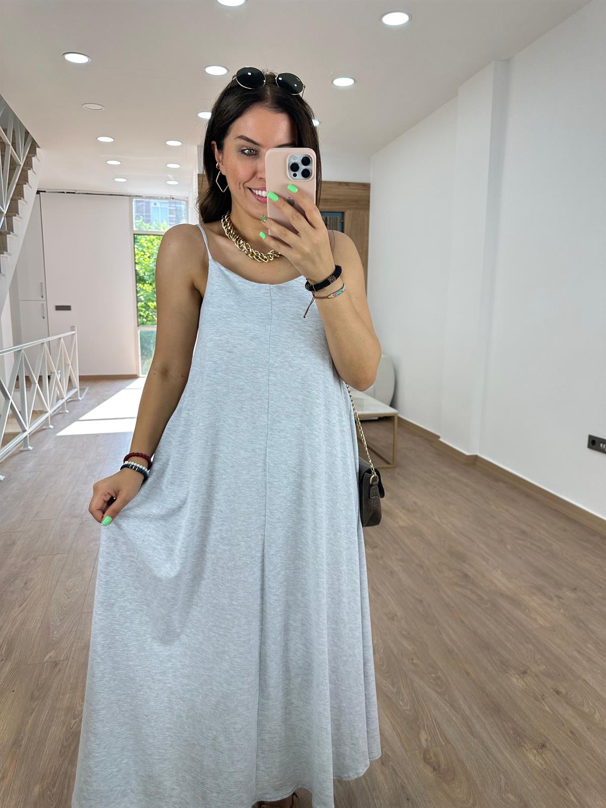 Askıları Ayarlanabilir Pamuklu Elbise-Gri