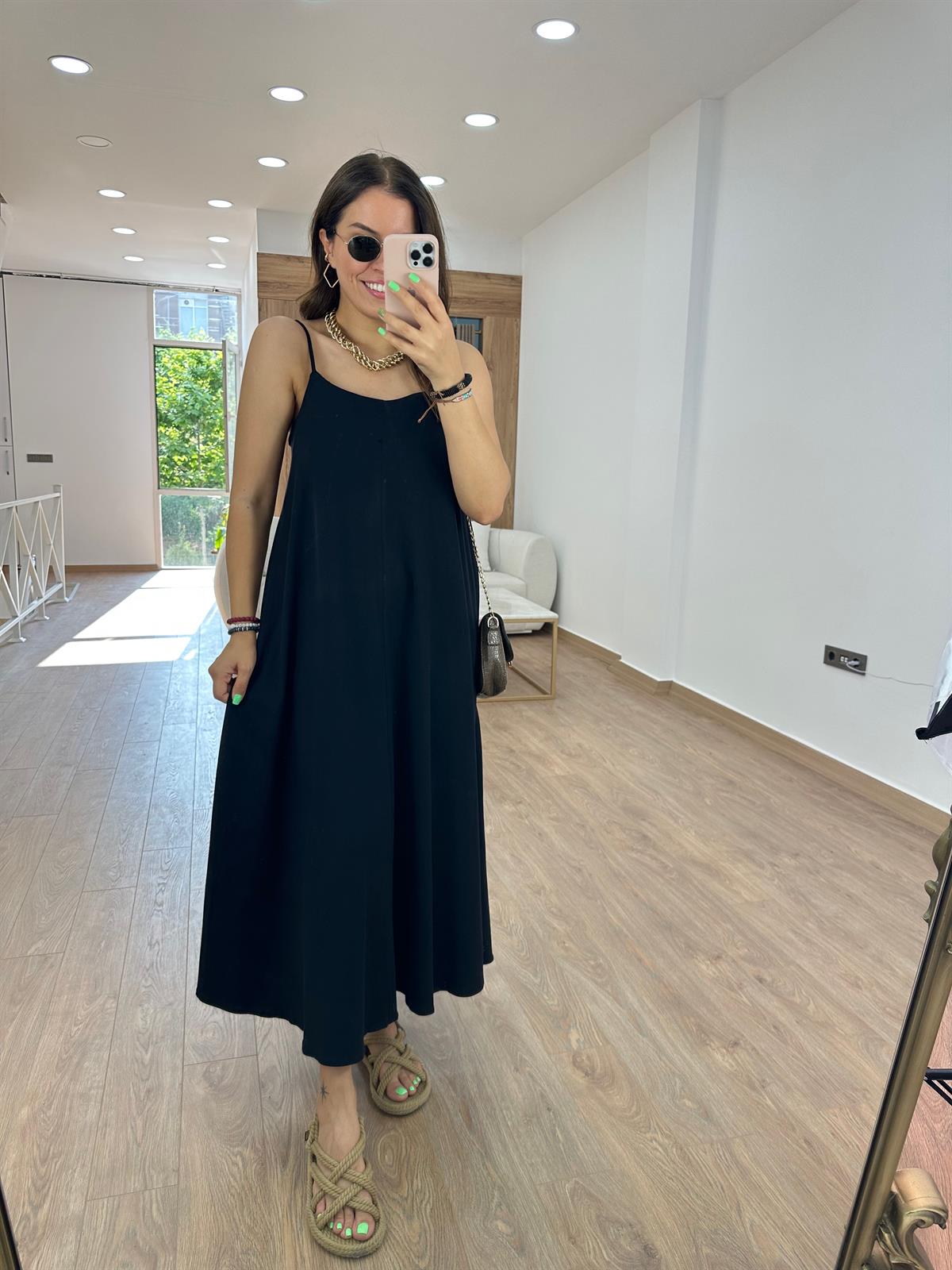 Askıları Ayarlanabilir Pamuklu Elbise-Siyah