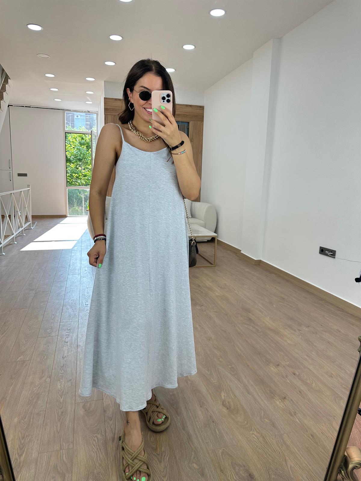 Askıları Ayarlanabilir Pamuklu Elbise-Gri