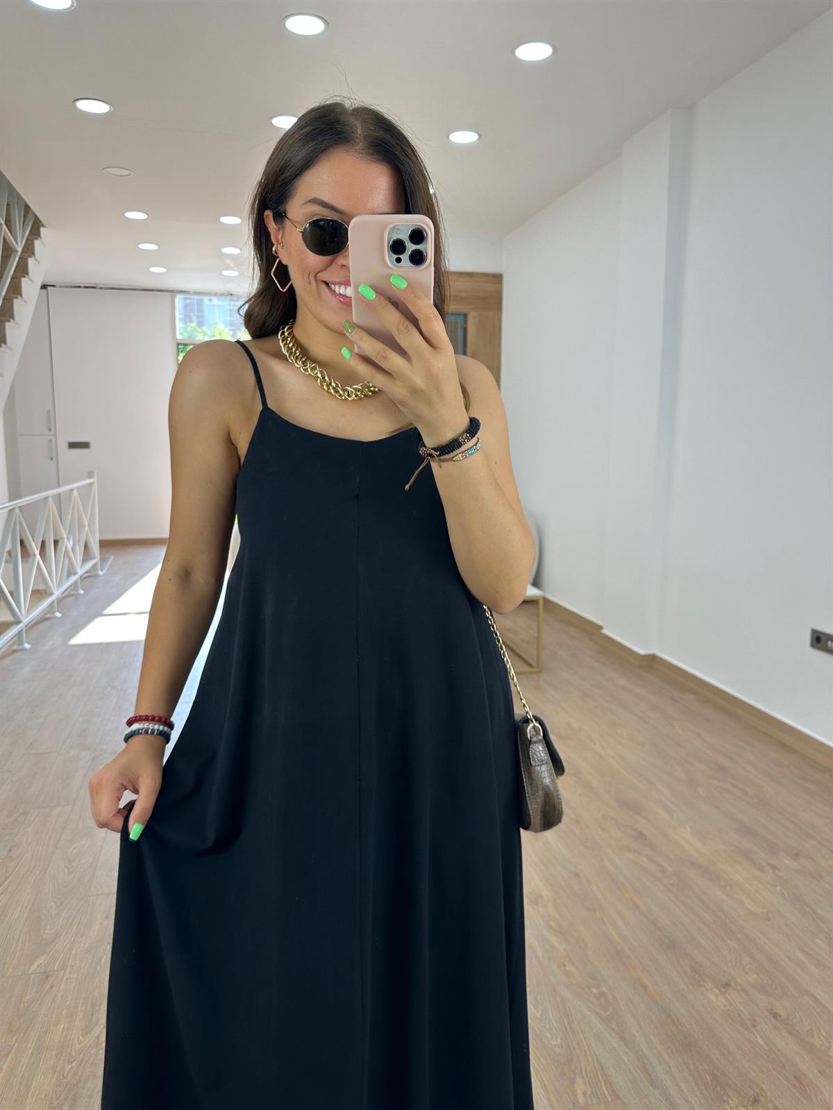 Askıları Ayarlanabilir Pamuklu Elbise-Siyah