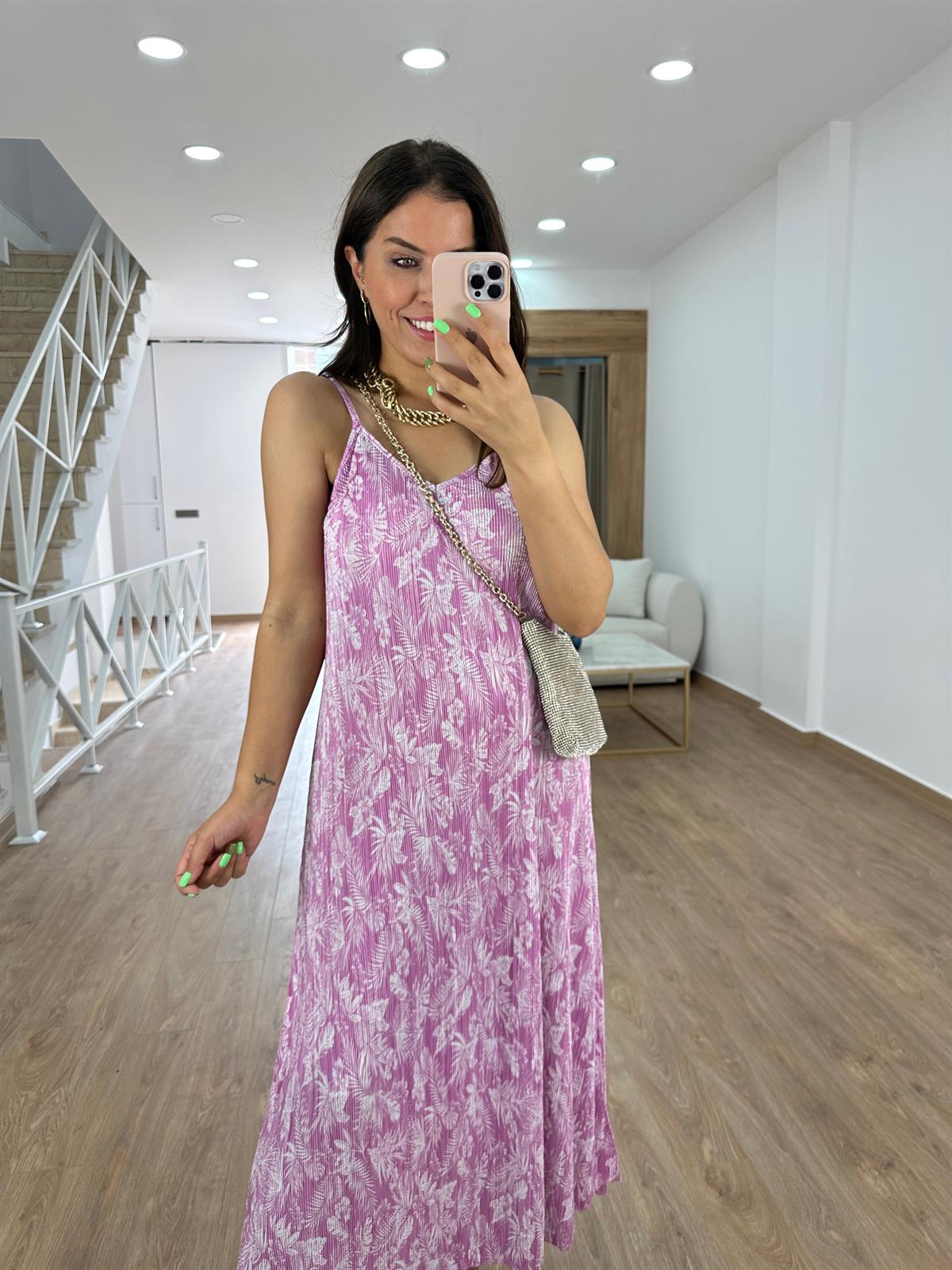 Askıları Ayarlanabilir Piliseli Elbise-Pembe