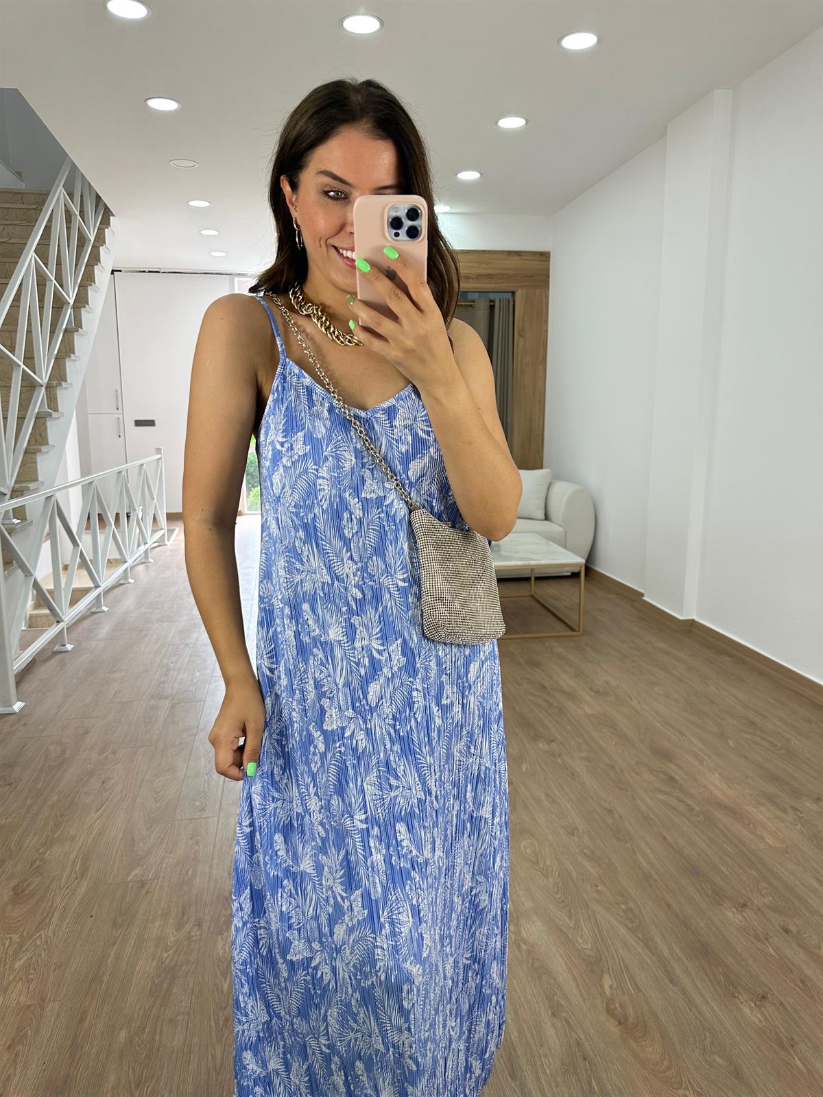 Askıları Ayarlanabilir Piliseli Elbise-Mavi