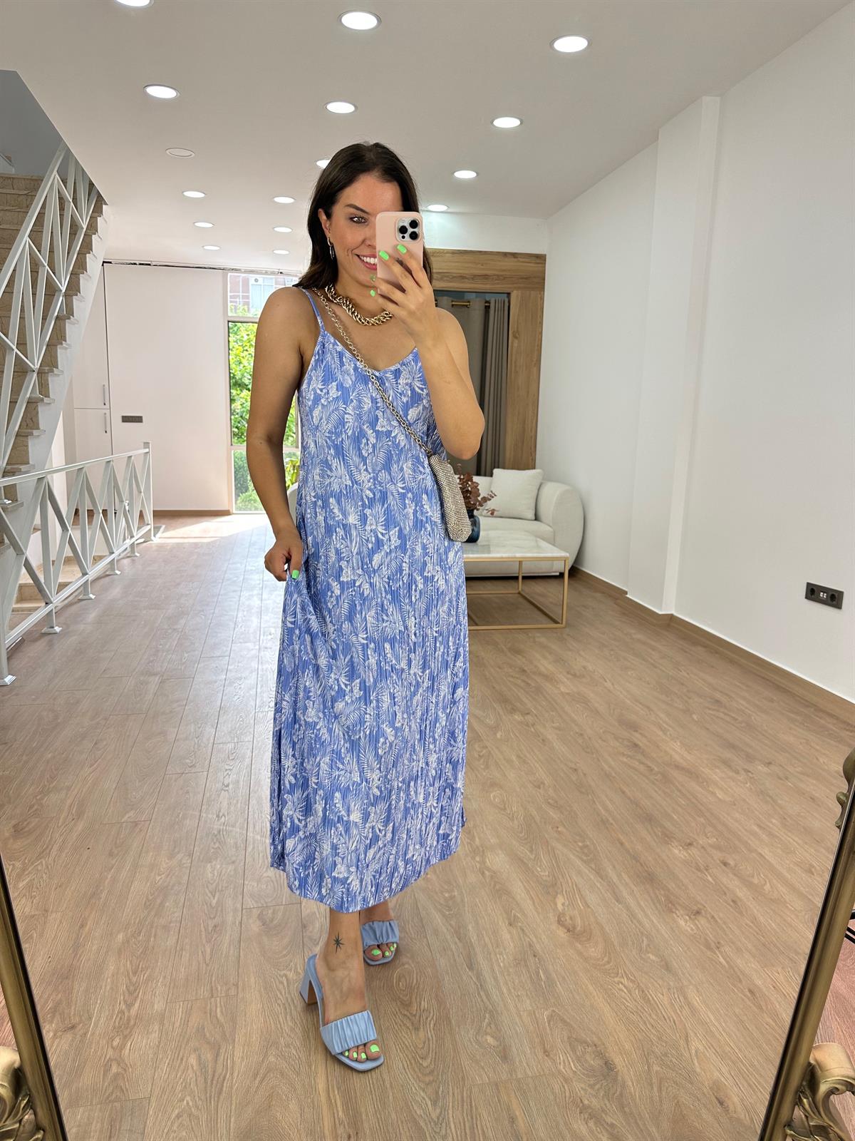 Askıları Ayarlanabilir Piliseli Elbise-Mavi