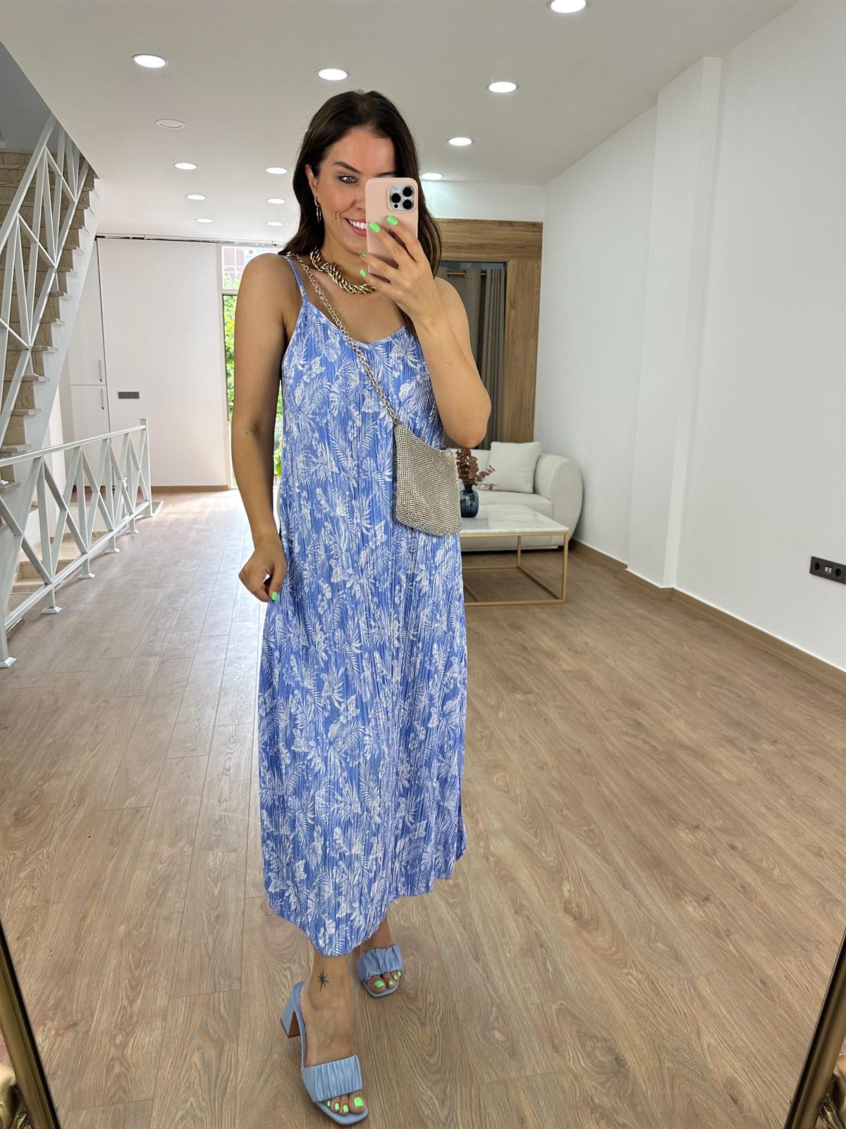 Askıları Ayarlanabilir Piliseli Elbise-Mavi