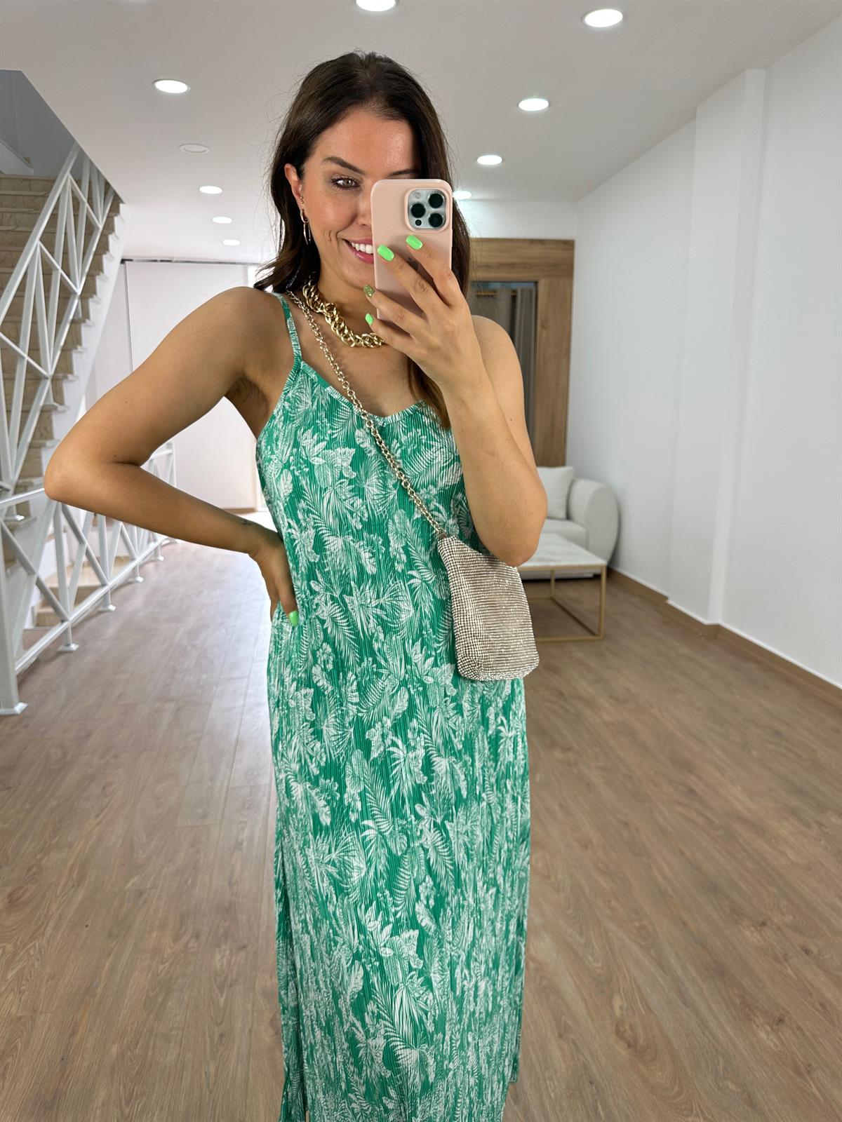 Askıları Ayarlanabilir Piliseli Elbise-Yeşil