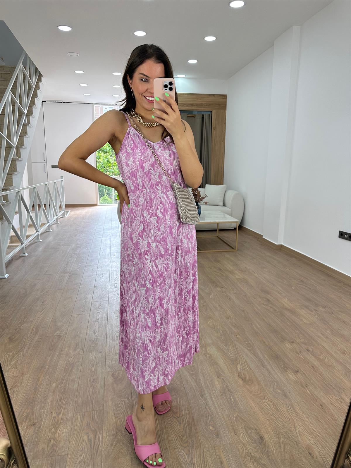 Askıları Ayarlanabilir Piliseli Elbise-Pembe