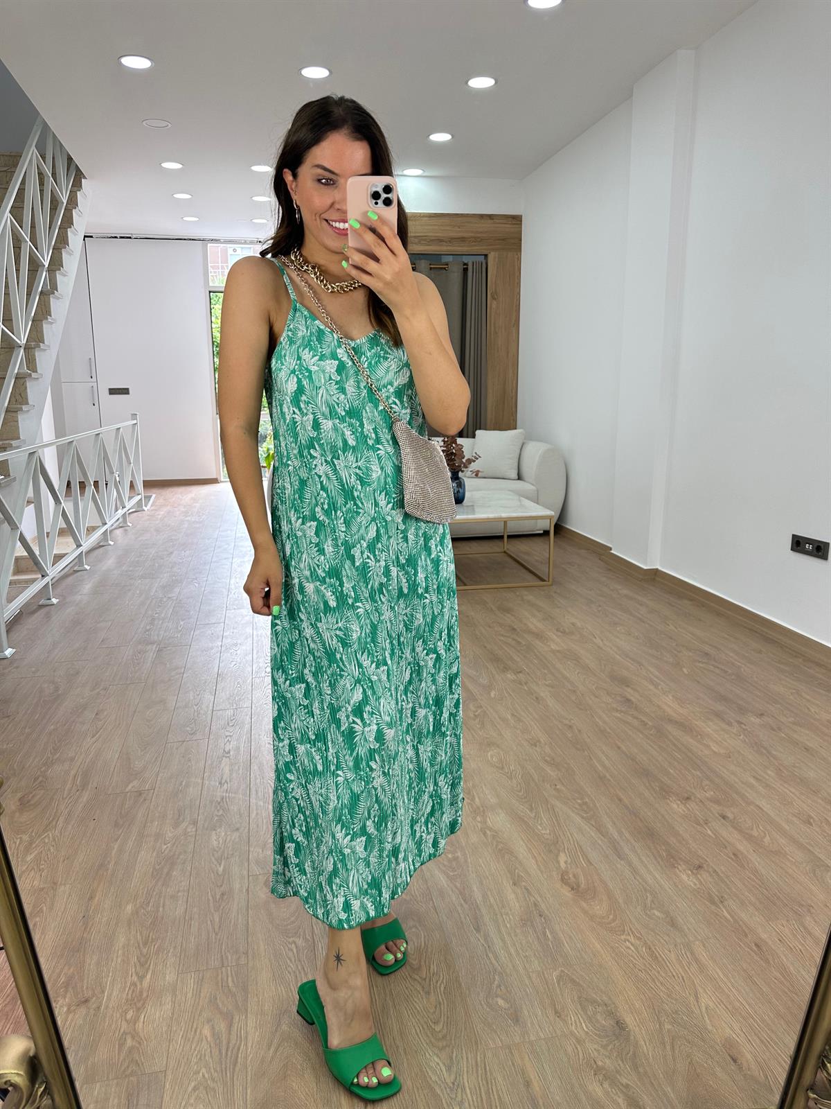 Askıları Ayarlanabilir Piliseli Elbise-Yeşil