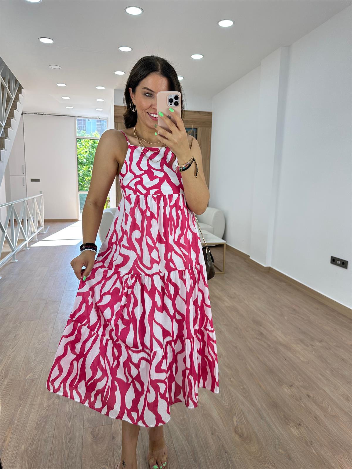 Askıları Ayarlanabilir Poplin Elbise-Fuşya