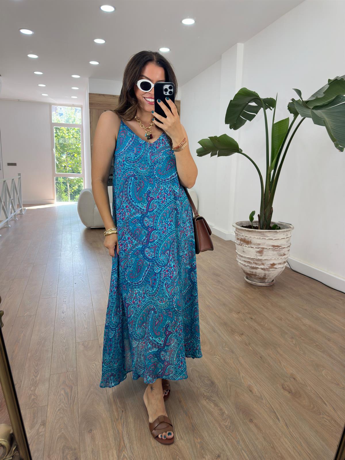 Askıları Ayarlanabilir Şal Desen Elbise