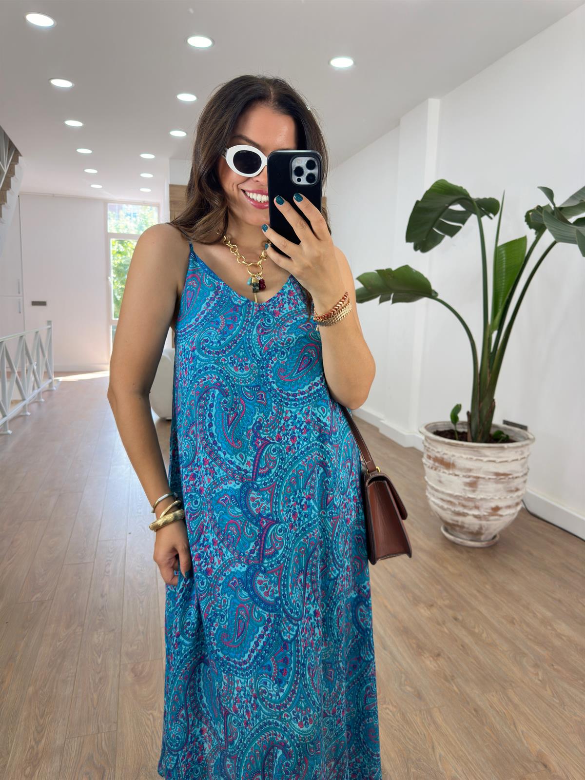 Askıları Ayarlanabilir Şal Desen Elbise